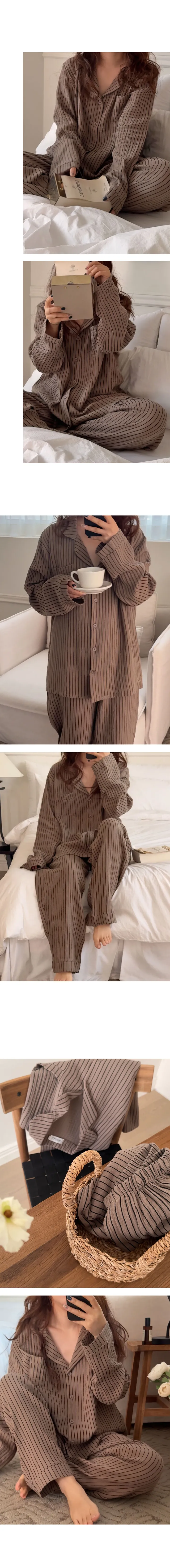 🌷 [봄] 순면 커플 마르코 스트라이프 잠옷 거즈면 빅사이즈 긴팔 파자마 세트 요루면 홈웨어 2size 상세 이미지 9