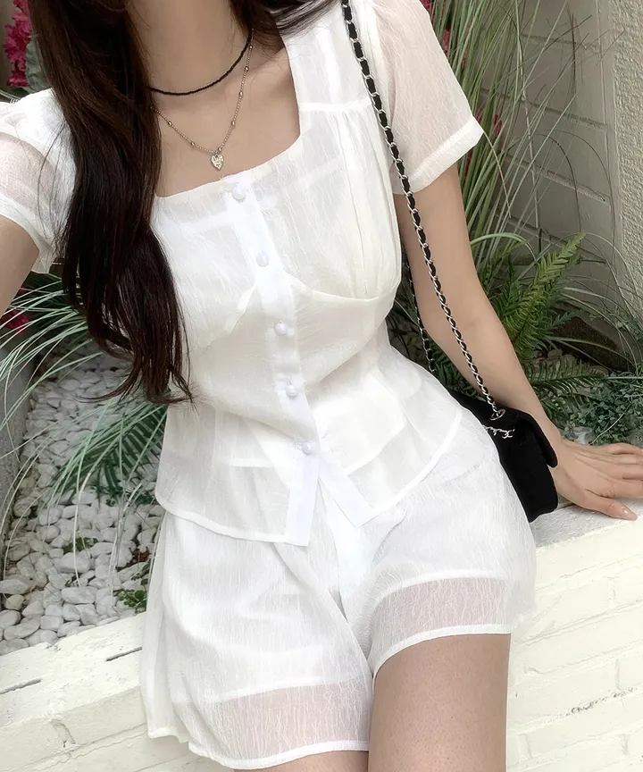 [투피스 set💗치마바지] 셀럽 스퀘어넥 허리끈 여름 하객룩 반팔 블라우스 미니 스커트 치마바지 투피스 세트 / 데이트룩 미니원피스 클래식블랑 상세 이미지 8