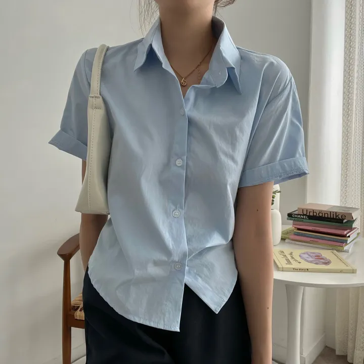 [비침X,베이직] 8컬러 제이 크롭 카라 코튼 반팔 셔츠 상세 이미지 3