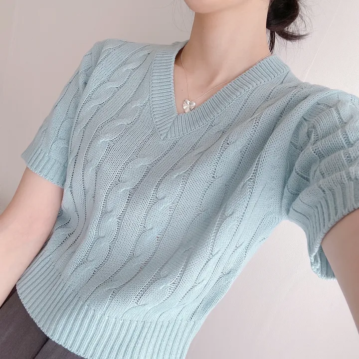 (6color/최저가 보장!) 실물보장! 색감에 반한, 마카롱 꽈배기 브이넥 크롭 반팔 니트 상세 이미지 7