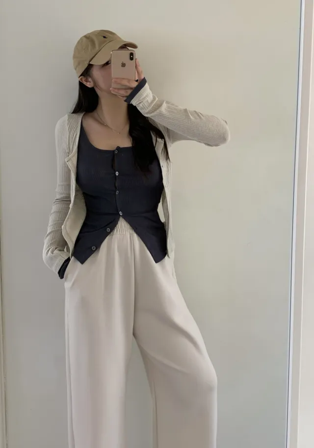 시선 골지 레이어드 배색 단추 가디건 티셔츠4color 상세 이미지 18