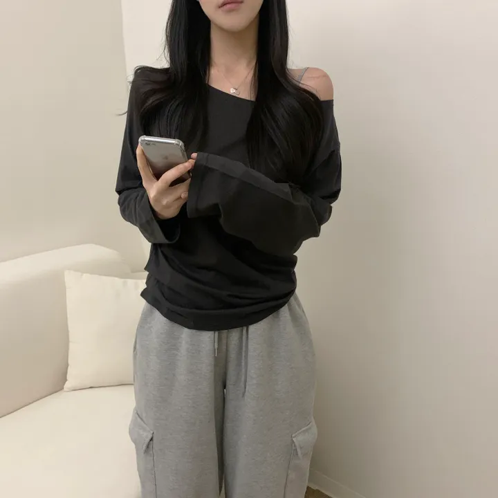 [-3kg/여리루즈핏!] 오프숄더 심플 루즈 여리 기본템 긴팔 티셔츠 (5color) 상세 이미지 12