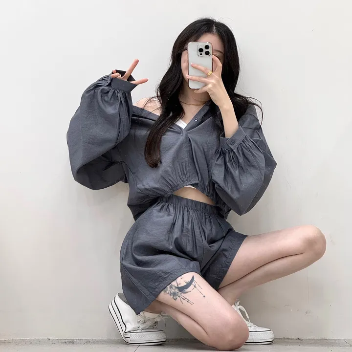 [한여름까지!/살안타템] 벌룬 끝판왕! 린넨 아방핏 크롭 밴딩 셔츠 후드 집업+실키 하이웨스트 3부 숏팬츠 반바지 투피스 세트 5color 상세 이미지 13