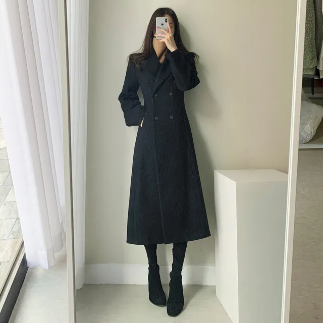 A라인 슬림 롱 플레어 더블 버튼 울코트 블랙 베이지 상세 이미지 8