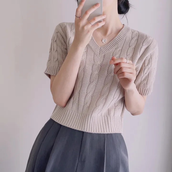 (6color/최저가 보장!) 실물보장! 색감에 반한, 마카롱 꽈배기 브이넥 크롭 반팔 니트 상세 이미지 18