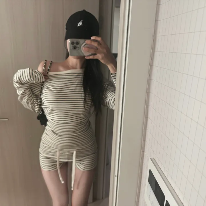 [투피스세트/여리핏] 단가라 스트라이프 투피스세트 오프숄더투피스 상세 이미지 12