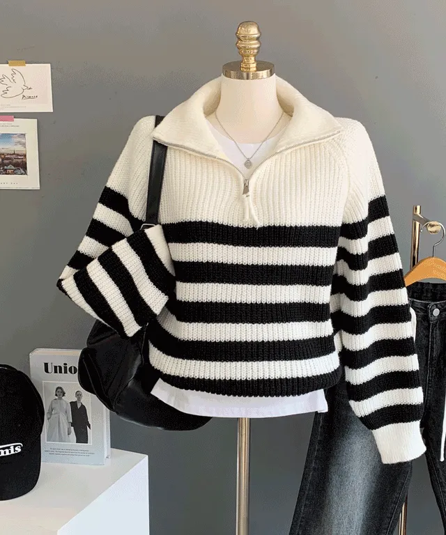 도톰폭닥 ~ 단가라 스트라이프 반집업 니트 R400 하이넥반집니트