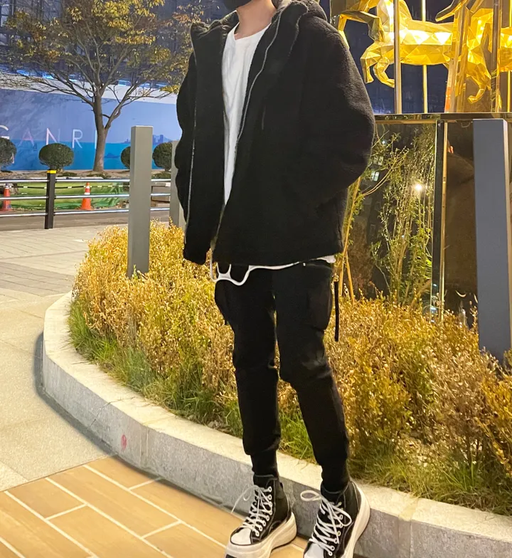 덤블 헤비 양털 패딩 오버핏 투웨이 스트링 후리스 뽀글이 후드 집업 자켓 점퍼 상세 이미지 92