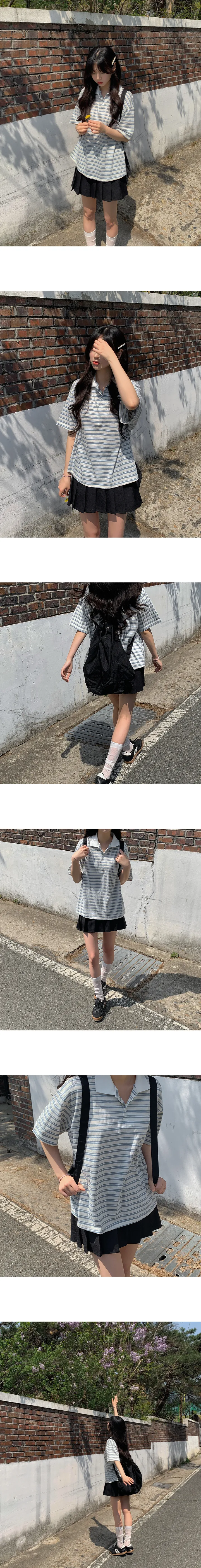 [당일출고/세트/단독구매가능] 반팔 스트라이프 오버핏 카라 티셔츠 + 플리츠 뒷 밴딩 미니 스커트 상세 이미지 5