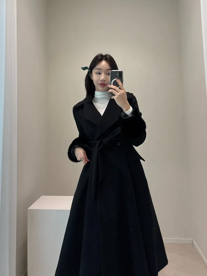 프리미엄 모직 울 누빔 카라 소매퍼 롱 원피스코트 3col 상세 이미지 13