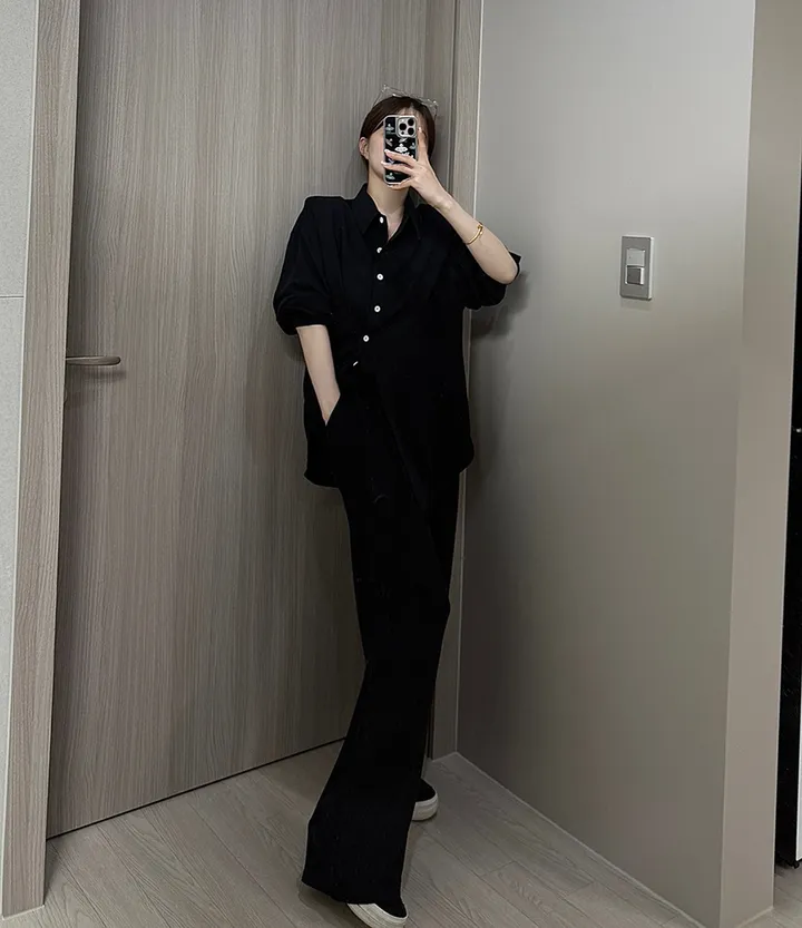 [최저가/부분당일발송🚚]빅사이즈 루즈핏 패치 남방셔츠 스트링 슬랙스 와이드팬츠 투피스세트/44-88/빅사이즈/찰랑/시원한소재/여름신상/뒷밴딩/여름하객룩/휴양지룩/바캉스룩/투웨이 상세 이미지 46