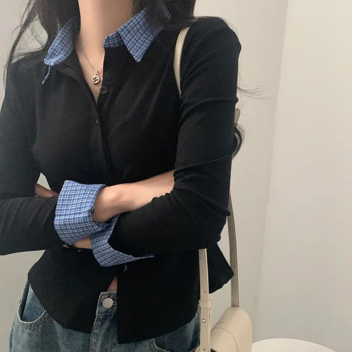 [일체형!/말라핏] 레이디 체크 셔링 레이어드 롱슬리브 버튼 긴팔티셔츠 - 4color 상세 이미지 18