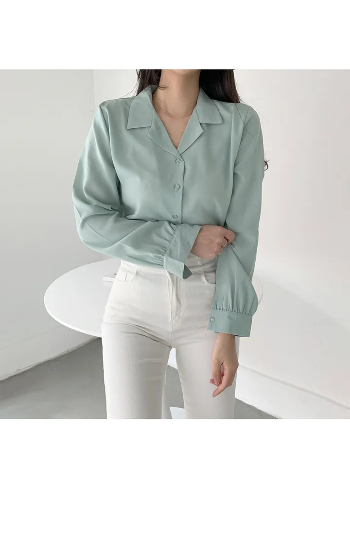 구김없는 오픈 카라 셔츠블라우스 55~L (10color) 상세 이미지 15