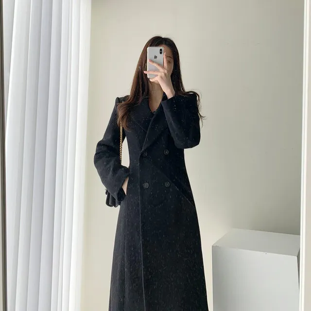 A라인 슬림 롱 플레어 더블 버튼 울코트 블랙 베이지 상세 이미지 9