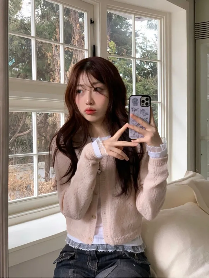 [벚꽃룩ෆ플라워펀칭]글로이 빈티지 러블리 여리핏 플라워 펀칭 버튼 물결 울니트 가디건 3color 상세 이미지 20