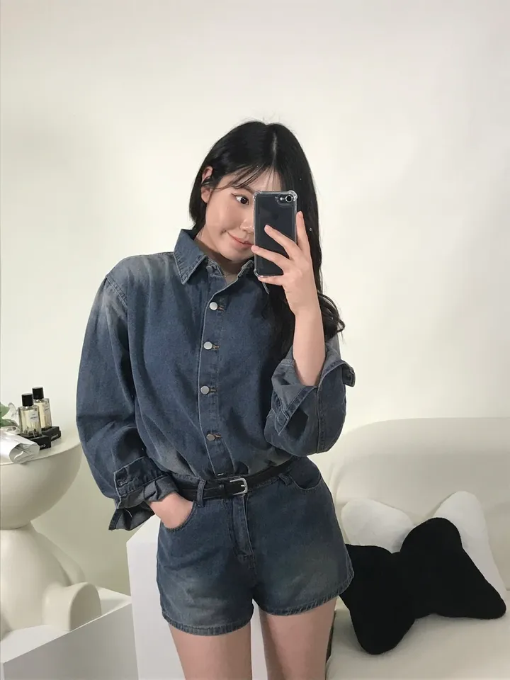 [S,M] 데님 워싱 루즈핏 셔츠+반바지 set 상세 이미지 8
