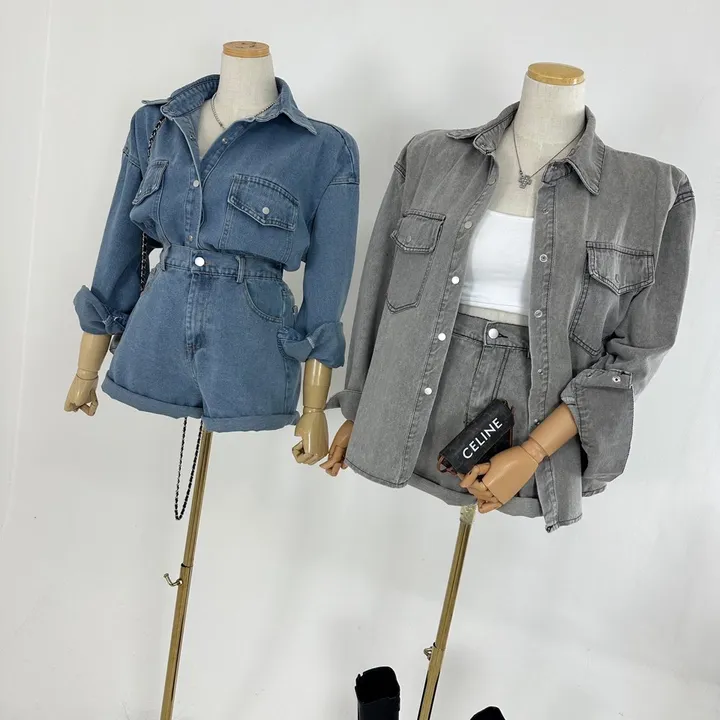 [하이틴/캐주얼/데일리/청청코디/세트가격💕] 루즈핏 포켓 워싱 데님 또또 셔츠 남방 자켓 + 하이 뒷밴딩 데님 숏반바지 팬츠 SET (2COLOR) 상세 이미지 5