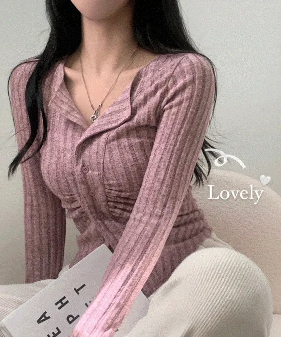 [5만장판매❤] 보들 여리 셔링 골지 카라 단추 긴팔니트가디건,티셔츠 - 5color
