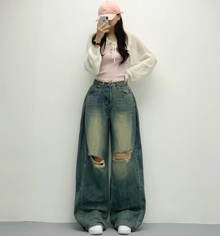 당일🚀[숏,롱/~XL/찐인생바지] 슬릿 찢청 폴딩 빈티지워싱 벌룬핏 옆핀턱 와이드팬츠 무릎트임 데님 청바지 기장선택 빅사이즈까지 오버핏팬츠 여름청바지 상세 이미지 20