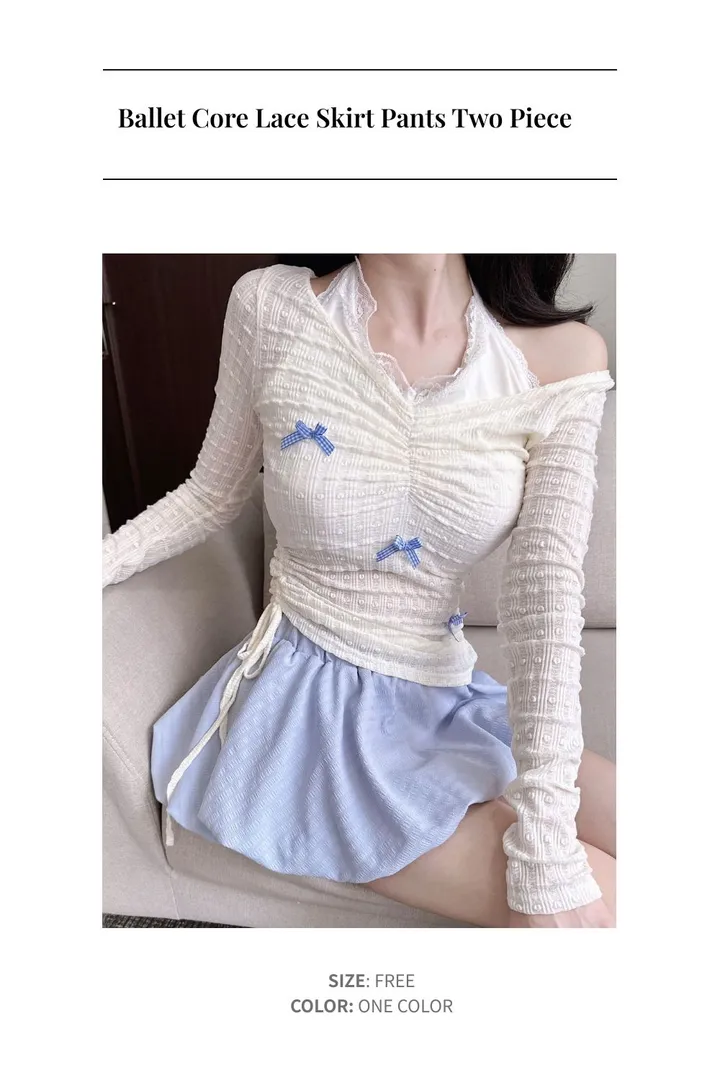 [당일출고🩷발레코어/세트가격🩷] 리본 포인트 레이스 홀터넥 긴팔 오프숄더 티셔츠 &  레이스 프릴 벌룬핏 치마 바지 투피스 세트 봄 여름 아이돌 상세 이미지 5