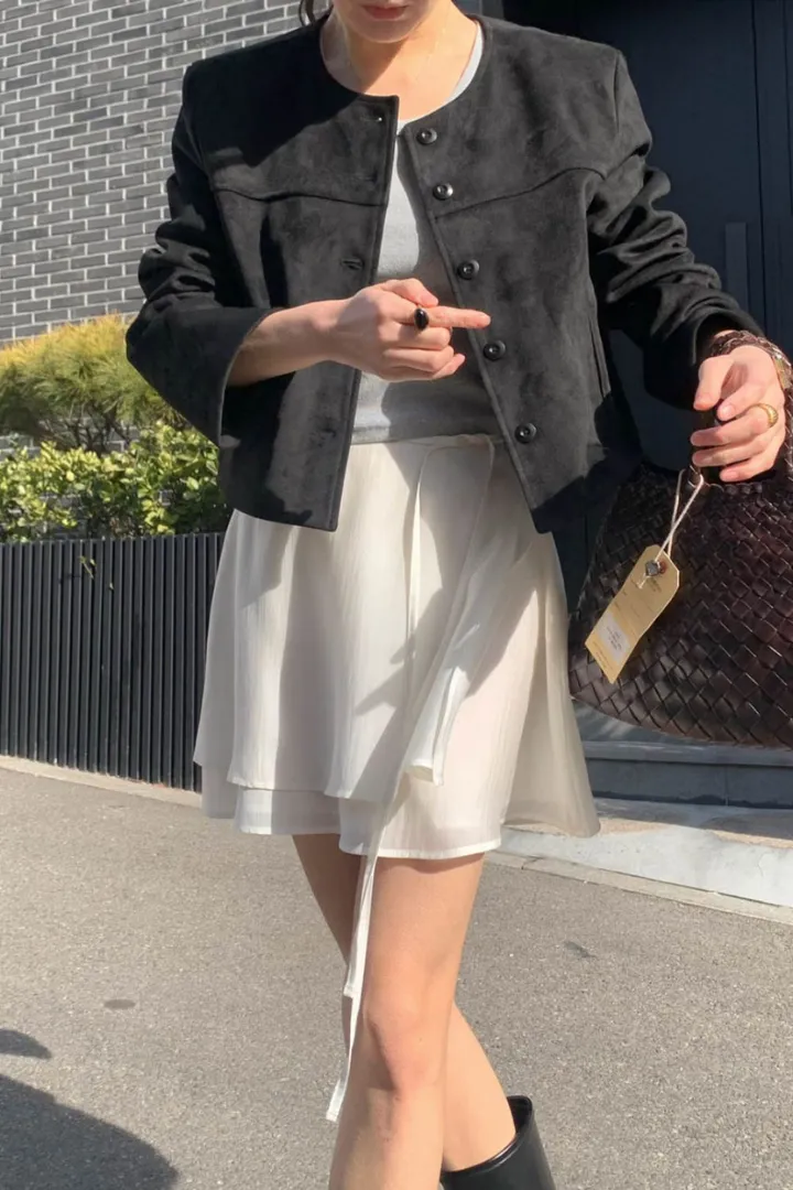 [봄신상🧡] 아잉 에이스 스웨이드 자켓 크롭 숏 라운드 포켓 하객룩 개강룩 출근룩 봄자켓 크롭자켓 상세 이미지 25