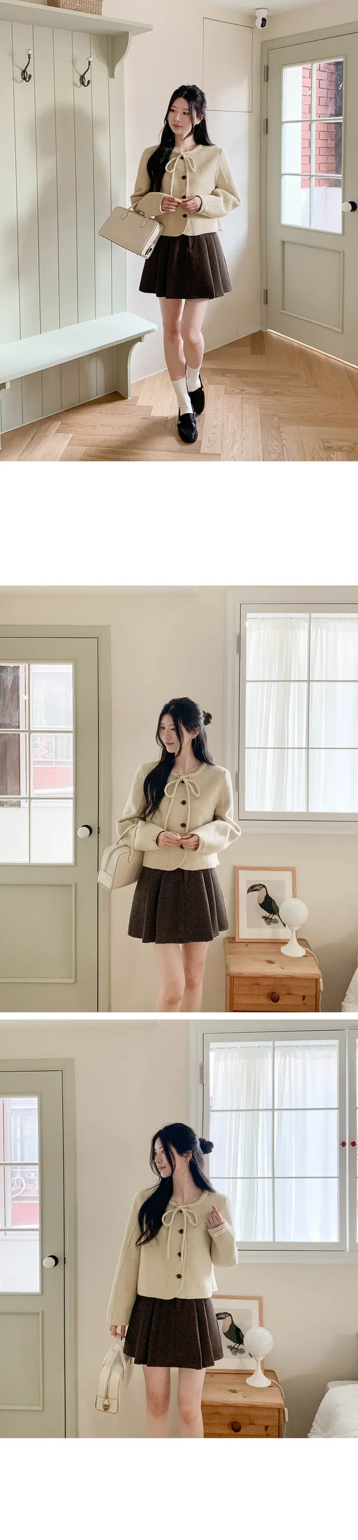 [울68.2%]레이제 리본 핸드메이드 숏코트(라운드넥/노카라/스트랩/버튼/데일리룩/데이트룩/러블리룩/출근룩/겨울) 상세 이미지 5