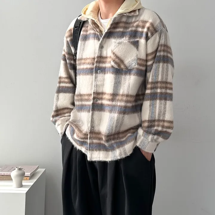 오버핏 체크 하프 코트 자켓 후드 레이어드 미니멀 빅사이즈 아우터 후드레이어드하프체크코트 상세 이미지 14