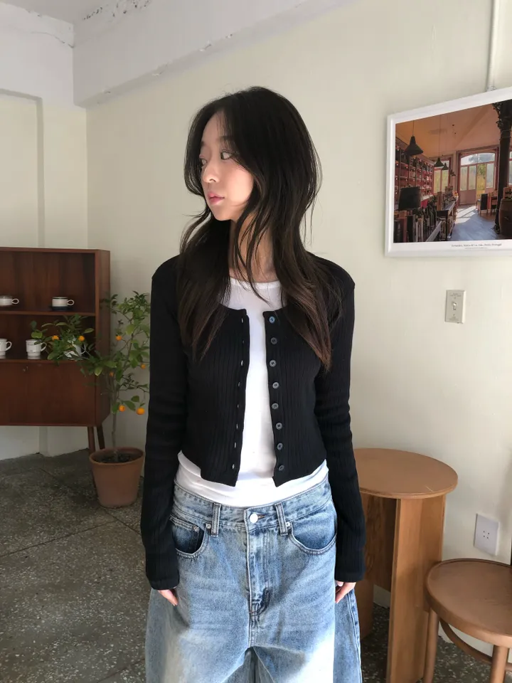 슬림핏 숏 골지 가디건 상세 이미지 4