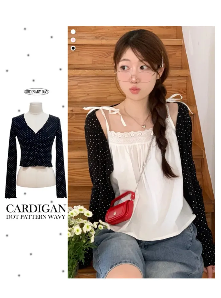 [도트가디건🖤]아떼 여리핏 도트 패턴 코튼 브이넥 롱슬리브 크롭 물결 가디건 3color 상세 이미지 17