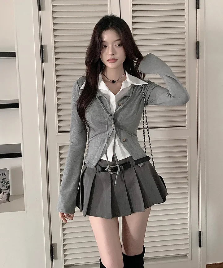 [반팔/긴팔❄일체형💗고퀄ver] 칠리 셔츠 가디건 일체형 레이어드 리본 슬림핏 긴팔 반팔 티셔츠 가디건 봄 겨울 가을 / 하객룩 출근룩 소개팅룩 데이트룩 클래식블랑 상세 이미지 26