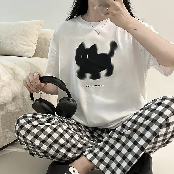 🖤[당일출고/남녀공용]🖤 고양이 캣 빅사이즈 박시핏 루즈핏 오버핏 박시티 반팔 티 티셔츠 여름 면티 커플티 커플룩 커플 커플잠옷 순면 잠옷 파자마 상하세트 체크바지 프리미엄 무 상세 이미지 6