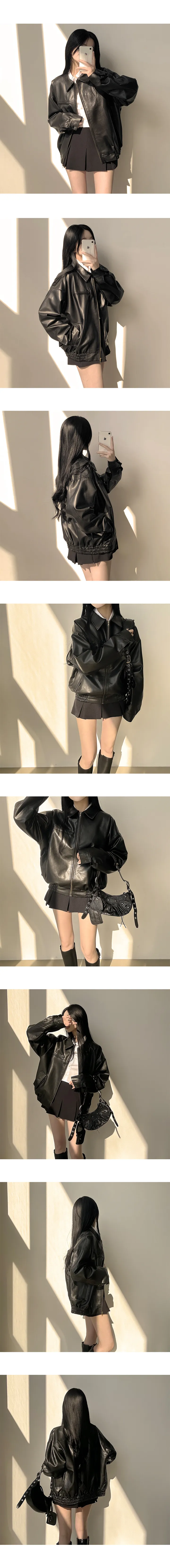 [힙무드/오버핏] 넉넉한 품으로 불편함없는, 박시 카라 오버핏 밴딩 레더 자켓 (2color) 상세 이미지 6