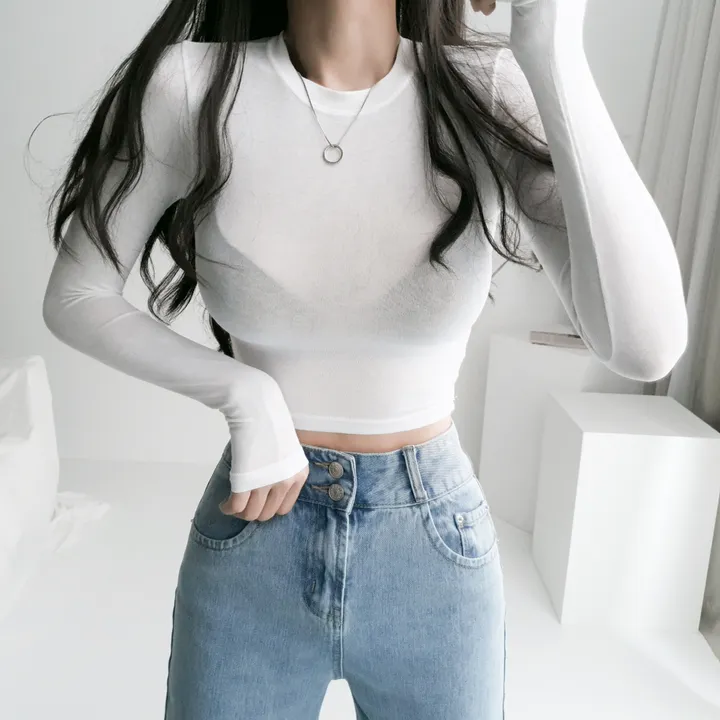 [찰랑;기본섹시] 시스루 라운드넥 크롭티 긴팔 티셔츠 (6col) 상세 이미지 5