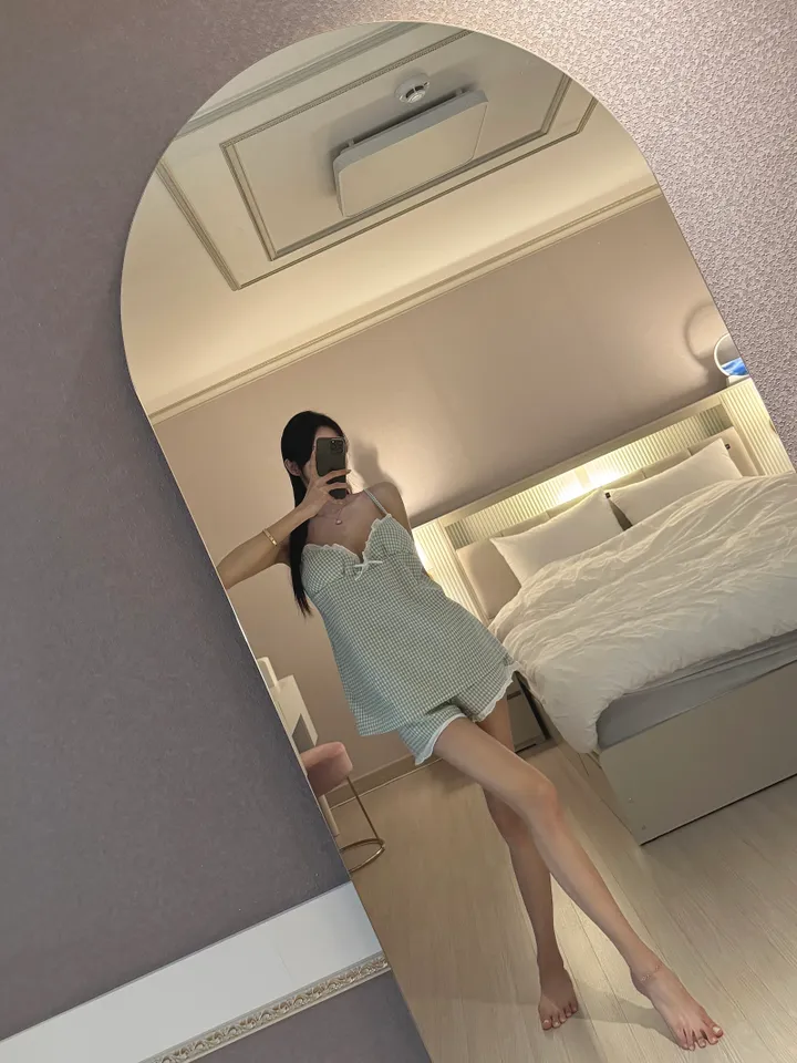 [2color/캡내장] 체크 민소매 반바지 투피스 세트 잠옷 홈웨어 파자마 상세 이미지 14