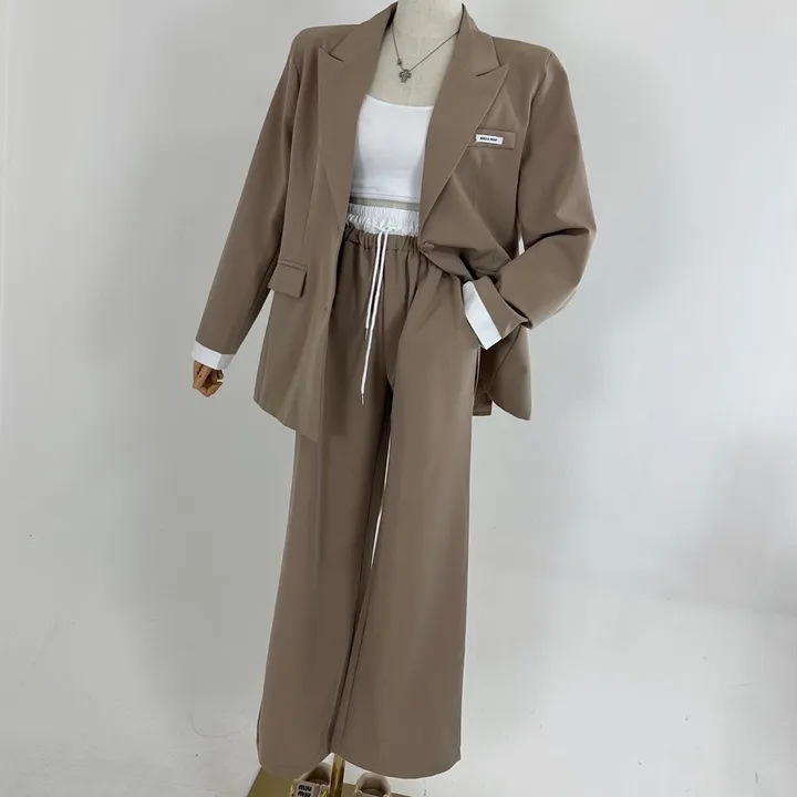 [25SS/*고퀄*/강추코디/하객룩/오피스룩/세트가격💕] 루즈핏 소매 레이어드 배색 미니패치 패드 베이직 자켓 + 하이 배색 밴딩 롱 슬랙스 와이드 팬츠 SET셋업(3COLOR) 상세 이미지 15