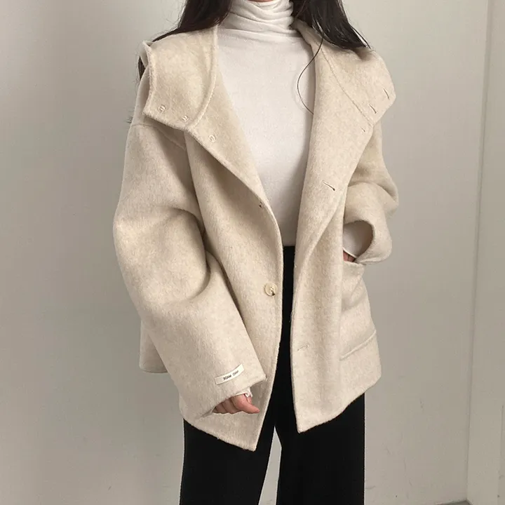 (껴입어도 넉넉한 사이즈) 오버핏 울 핸드메이드 후드 하프코트 상세 이미지 9