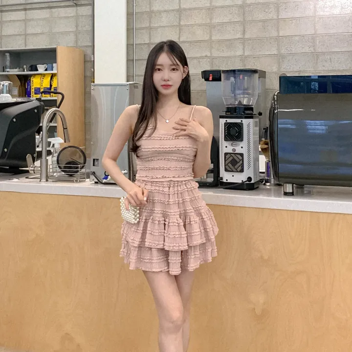 [나시스커트SET/고퀄ෆ러블리] 베링 레이스 프릴 뷔스티에 브이넥 캡 나시 + A라인 밴딩 캉캉 미니 스커트 투피스 세트 데이트룩 여행룩 바캉스룩 꾸안꾸 플리츠 발레코어 상세 이미지 25