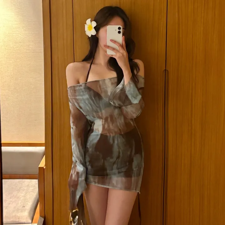 [당일출고] (M-XL) 오프숄더티+숏팬츠+와이어 3피스 비키니 세트 상세 이미지 9