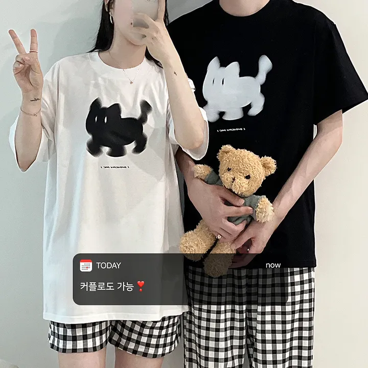 🖤[당일출고/남녀공용]🖤 고양이 캣 빅사이즈 박시핏 루즈핏 오버핏 박시티 반팔 티 티셔츠 여름 면티 커플티 커플룩 커플 커플잠옷 순면 잠옷 파자마 상하세트 체크바지 프리미엄 무 상세 이미지 2