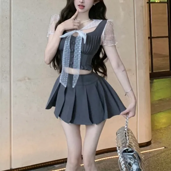 [쓰리피스SET] 도트 리본 시스루 블라우스 하이틴 테니스 뷔스티에 투피스 셋업 세트 상세 이미지 15