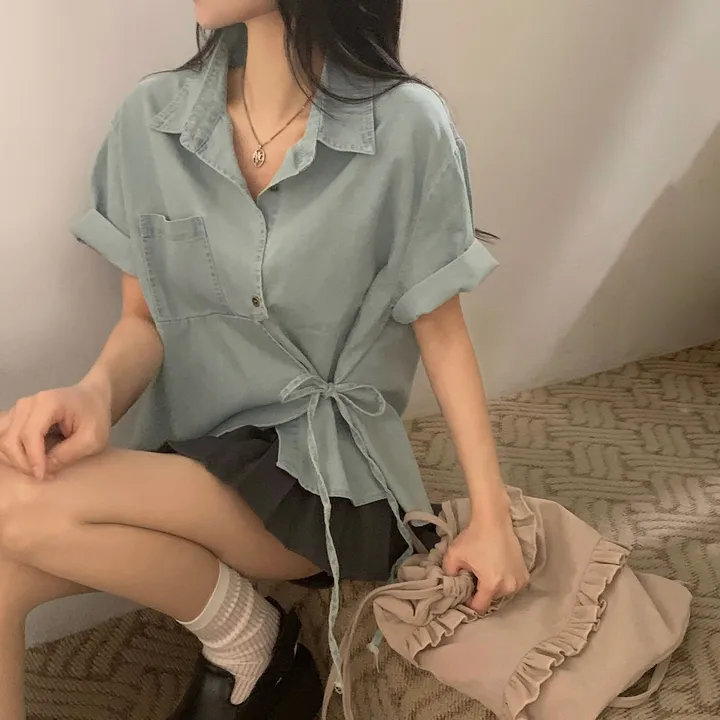 [단독판매🤍/리본포인트!] 데님 사이드 리본 포인트, 루즈핏 카라셔츠 남방 - 2color 상세 이미지 12