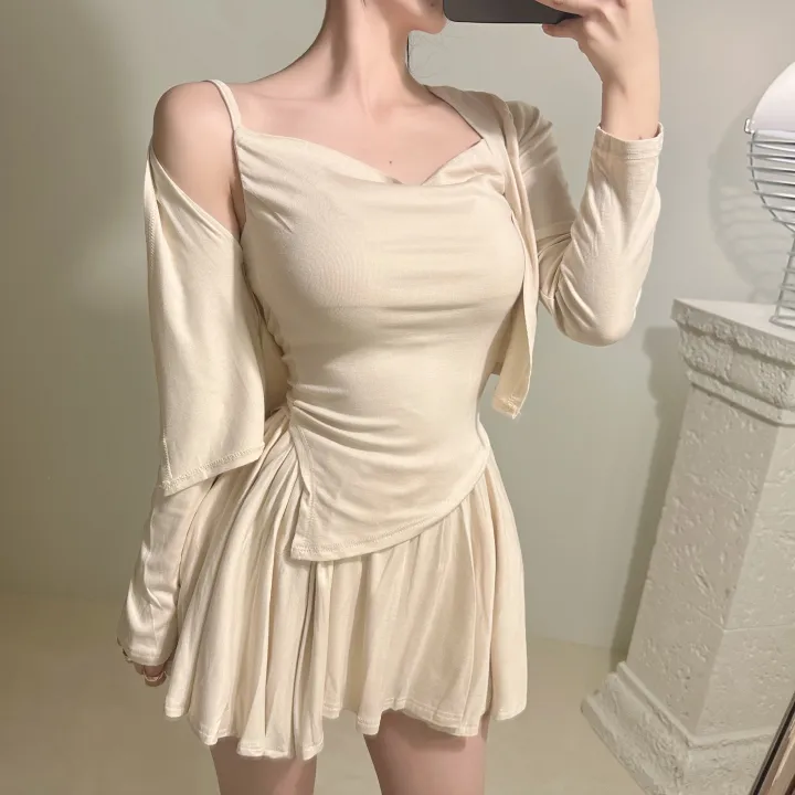 [3pcs]찰랑 드레이프 셔링 언발 나시+가디건+치마바지 세트 (쓰리피스 핏보장 플레어 스커트 치마 밴딩 글램핏 여리핏 바지안감 청순여리 코디세트 베이글 데이트룩) 상세 이미지 4