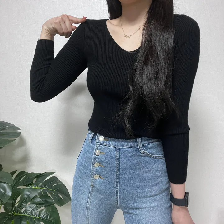 1000장 돌파! 🚀당일발송!🚀✨진짜최저가보장✨ 🎊봄까지 쭉!🎊 주문폭주 🎀리뷰극찬🎀 2개 구매시 묶음할인! 기본 슬림 골지 브이넥 니트 긴팔티 상세 이미지 44