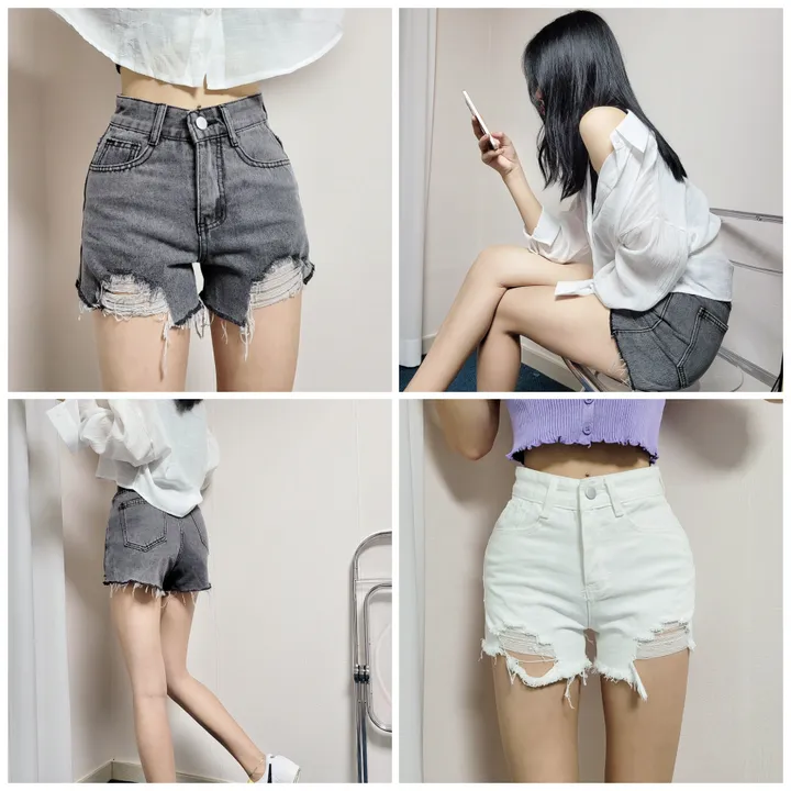[가격실화?/데미지] 하이웨스트 컷팅 밑단 빈티지 데님 숏팬츠 청 반바지 (2color) 상세 이미지 1