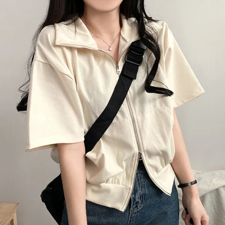[여름/예쁜데일리!] 볼륨 카라 투웨이 무지 크롭집업 반팔 3color 상세 이미지 5