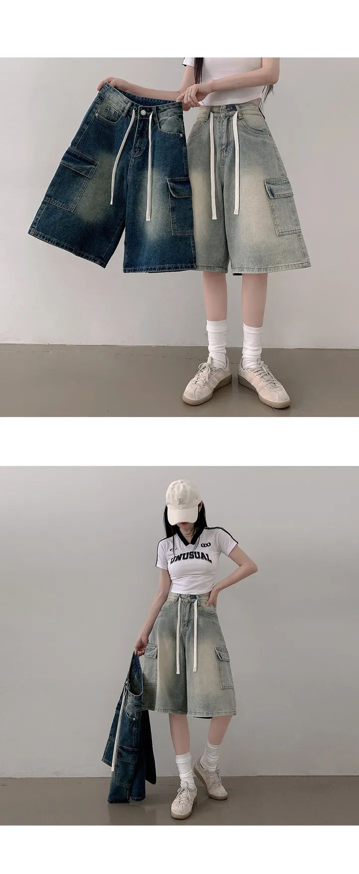 3일만할인[유니크힙/버뮤다/y2k] 뉴비 스트링 카고 워싱 데님 와이드 하프 팬츠 반바지 (2color) 상세 이미지 7