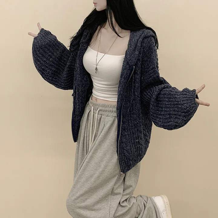 [여리여리✨울함유] 도톰 따뜻 아방핏 꽈배기 케이블 오버핏 니트 벌룬 후드집업 겨울가디건 상세 이미지 23
