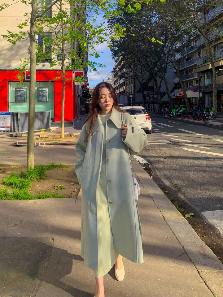 [메리노울100%🤎handmade] 백화점퀄 wool 핸드메이드 롱 울 코트 카라 로브 모직 루즈핏 벨트 싱글 히든버튼 트임 겨울 아우터 네이비 베이지 민트 3col 상세 이미지 20