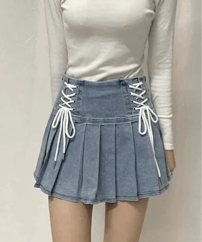 [장원영스커트/인기절정] 코르셋 스트링 플리츠 데님 테니스 스커트 2color