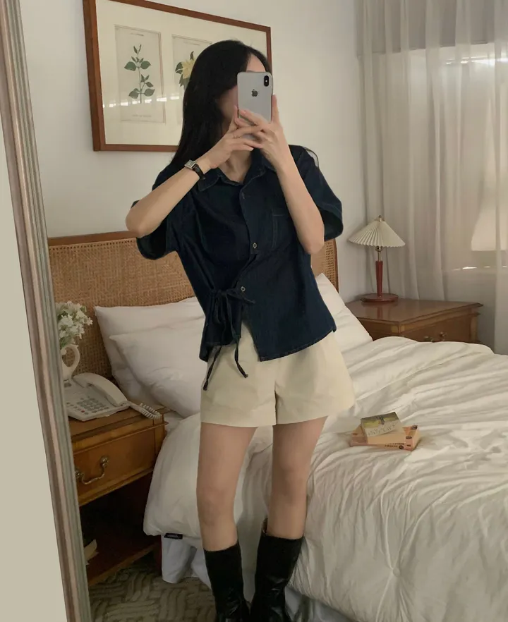 [단독판매🤍/리본포인트!] 데님 사이드 리본 포인트, 루즈핏 카라셔츠 남방 - 2color 상세 이미지 26